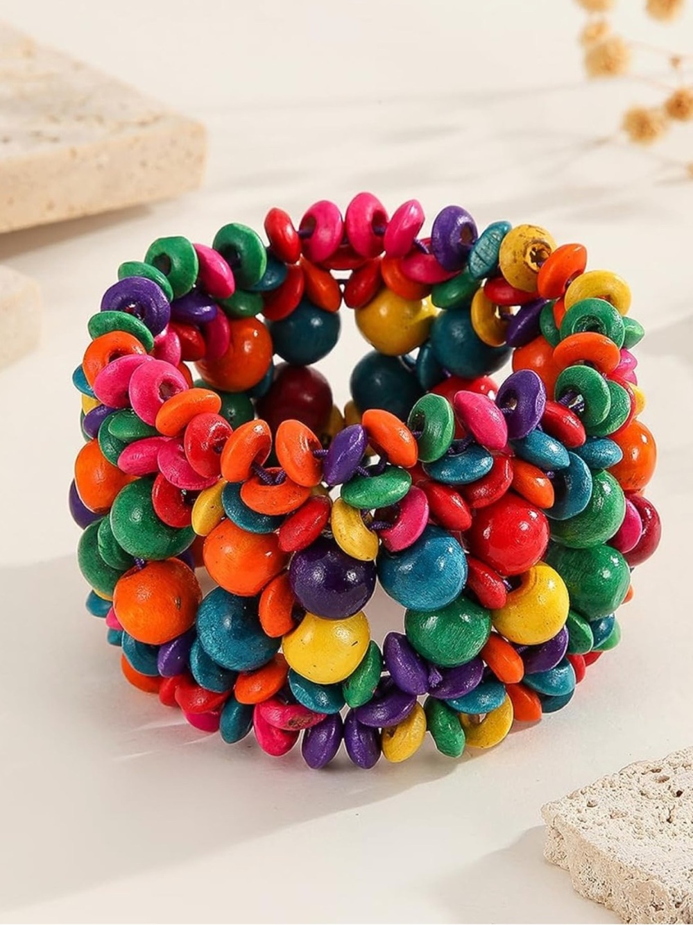 Caiyao Bohemian Natural Wooden Beads Woven Stretch Bracelet